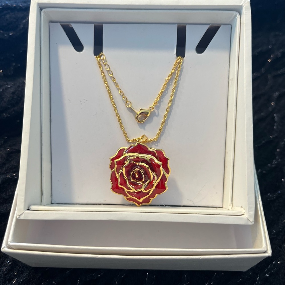 Gold and Red Rose Pendant Necklace